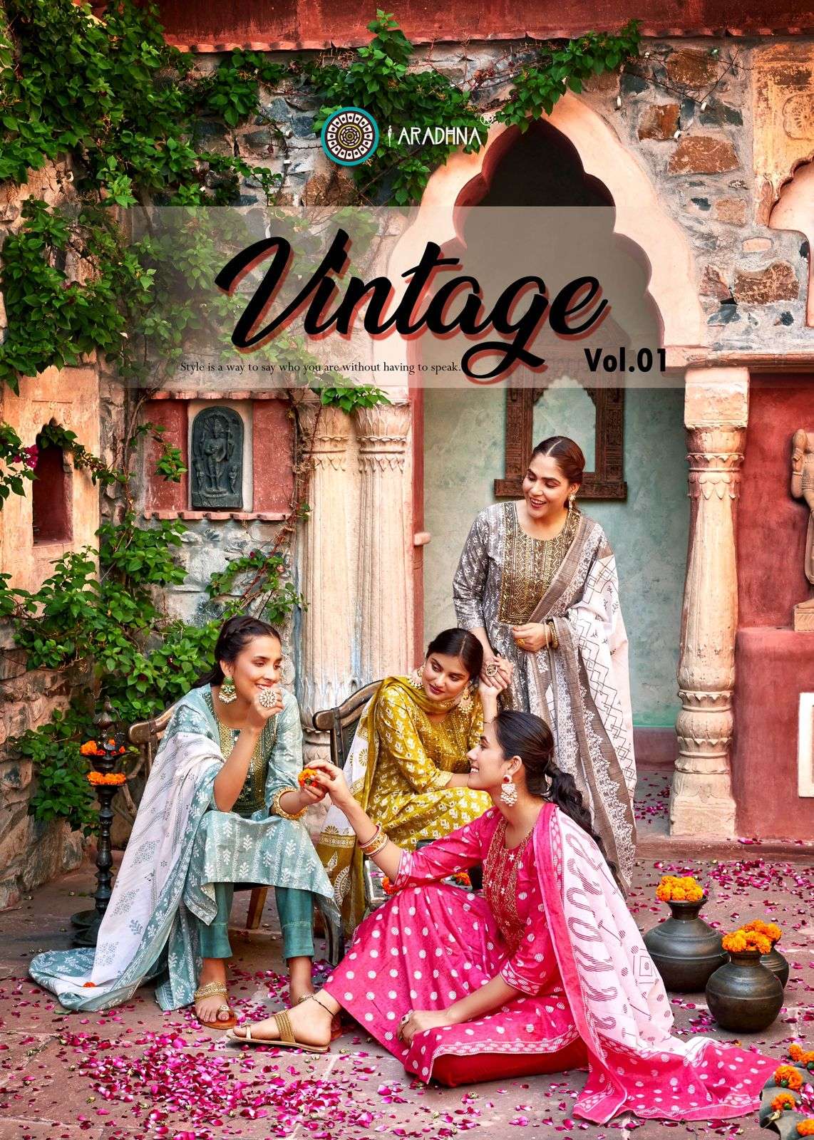 VINTAGE VOL 1 COTTON FOIL PRINT FANCY EMBROIDERY WORK KURTI WITH PANT DUPATTA BY ARADHNA BRAND POSTER